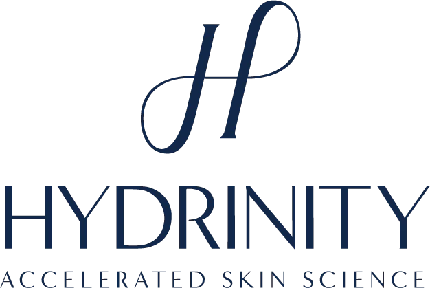 Hydrinity logo featuring modern typography and water droplet icon representing hydration and skincare