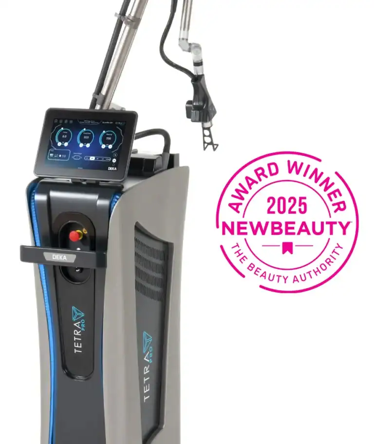 Tetra PRO CO₂ laser machine displayed alongside 2024 NewBeauty Award winner badge