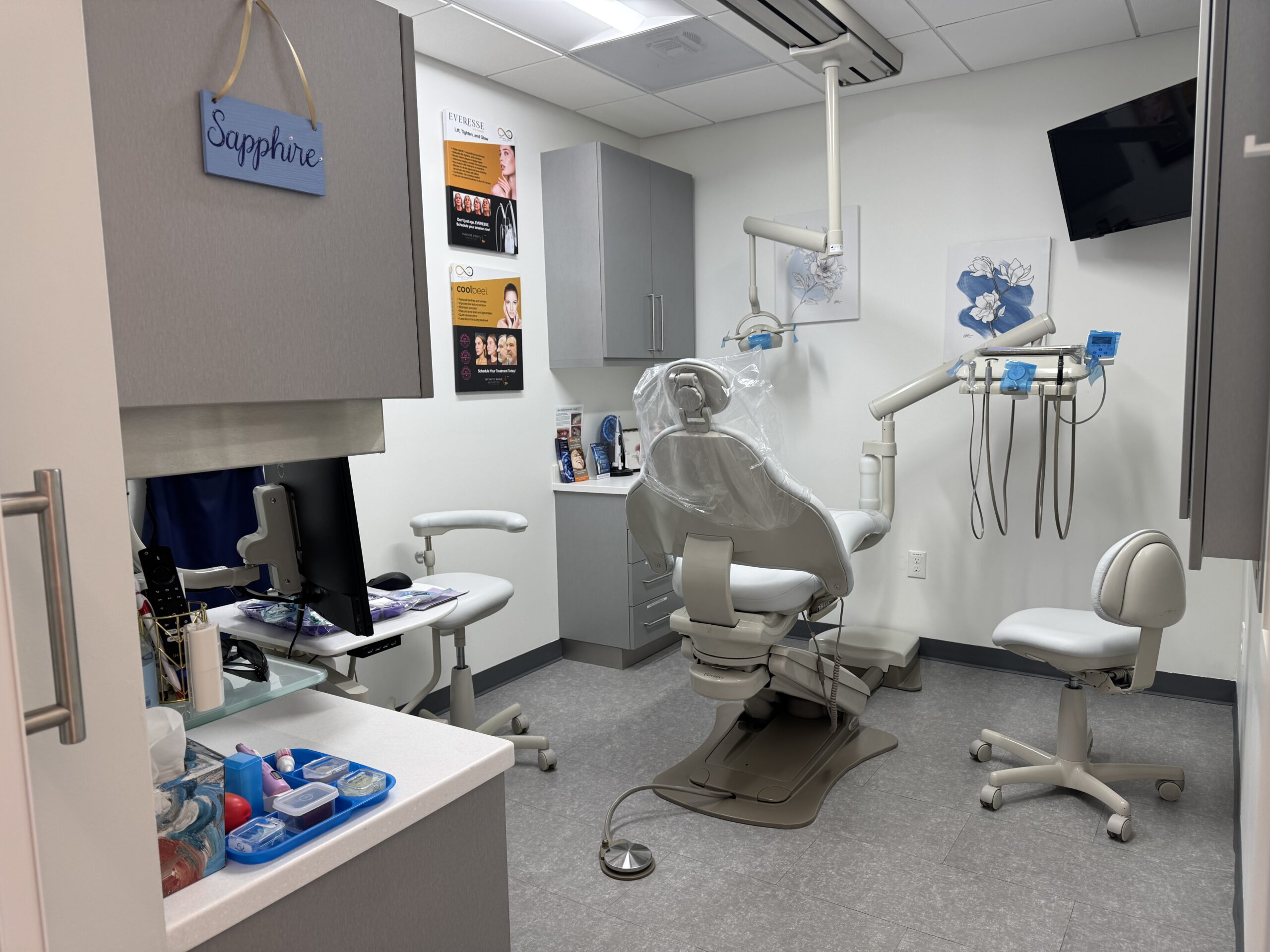 Comfortable patient chair in facial spa treatment room with adjustable features