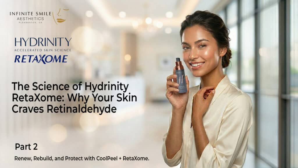 A bottle of Hydrinity RetaXome Retinaldehyde serum displayed next to a clean, modern medical-grade skincare setup at Infinite Smile Aesthetics.